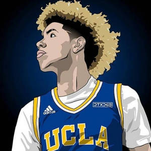 身穿UCLA球衣、擁有金色捲髮的年輕籃球運動員向上仰望。 — 運動 壁紙