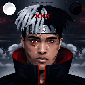 一個紅眼白辮子的男人，在星空下戴著忍者頭帶。 — Xxxtentacion 卡通 壁紙