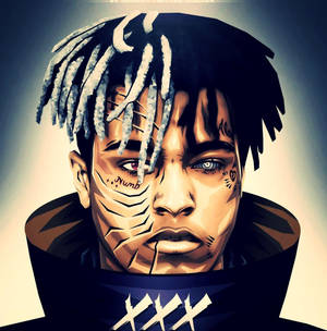 一個風格化的數位肖像，描繪一名有辮子頭和刺青的男子。 — Xxxtentacion 卡通 壁紙