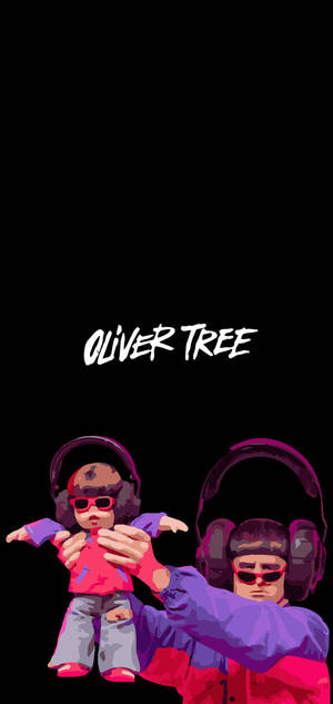 一個人抱著玩偶，兩者都戴著耳機和紅色太陽眼鏡，帶有 'OLIVER TREE' 文字。 — 潔西 玩具總動員 壁紙