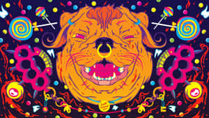 一隻帶有穿孔和縫線的卡通狗，被糖果和指節銅套包圍。 — 野生動物 壁紙