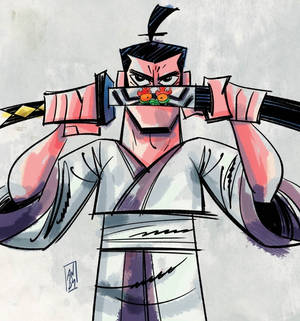 兇猛的武士手持武士刀橫在臉前，身穿傳統盔甲。 — 卡通頻道 壁紙