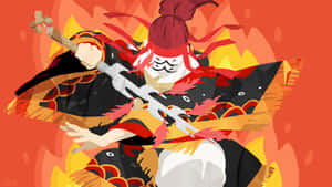 身穿紅色和黑色盔甲的武士戰士，在火熱的背景前揮舞著劍。 — 鬼滅之刃 壁紙