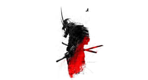身穿黑色盔甲帶紅色點綴的武士戰士，在白色背景上持劍，有鳥。 — 混沌武士 壁紙