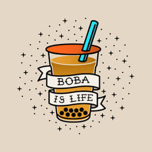 波霸奶茶杯，帶有寫著「Boba is life」的橫幅，周圍環繞著星星和圓點。 — 茶 壁紙
