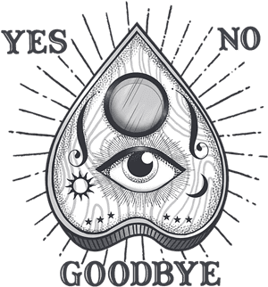 一個黑白插圖的淚滴，帶有眼睛和月相，標有 yes no goodbye。 — 掰掰 壁紙