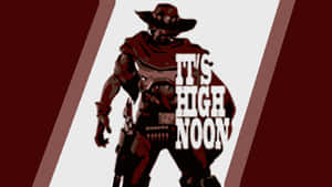 牛仔剪影搭配「IT'S HIGH NOON」文字，採用大膽的紅白圖形設計。 — 史高治·麦克老鸭 壁紙