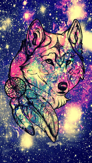 狼頭帶有捕夢網和羽毛，置於星光閃爍的宇宙背景前。 — 狼 壁紙