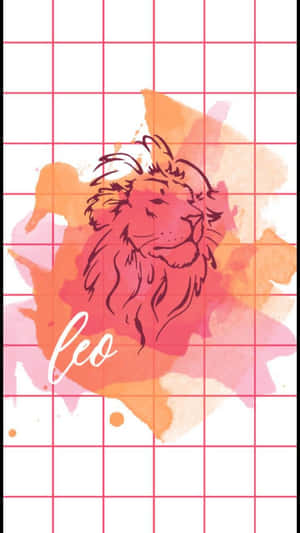 水彩獅子插圖，帶有「Leo」文字，背景為紅色網格。 — 雙子座 壁紙