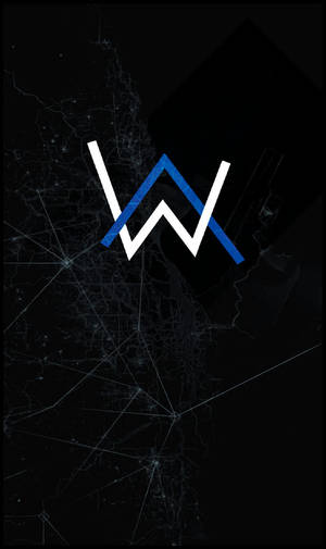 一個發光的藍色和白色「W」標誌，位於帶有網路線條的深色城市地圖上。 — 艾倫·沃克 GIF 壁紙