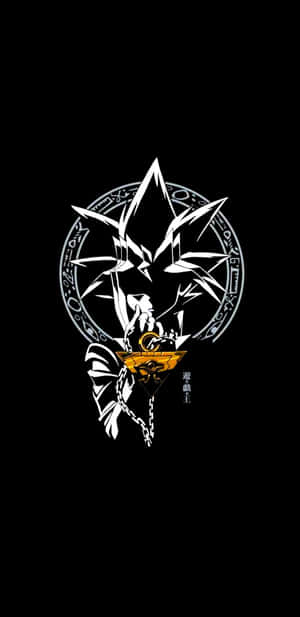 Yu-Gi-Oh!角色，帶有尖刺頭髮和鏈條項鍊，位於黑色背景上的圓形符印中 — Pixel 4 壁紙