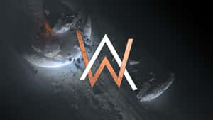 一個發光的白色和銅色「W」標誌在宇宙中，伴隨著宇宙碎片和一顆發光的行星。 — 艾倫·沃克 GIF 壁紙