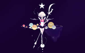 白髮動漫女孩手持新月法杖，被太空中的行星和星星環繞。 — 美學 月光仙子 壁紙