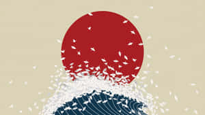 紅日和藍色波浪，白色紙鶴在米色背景上向上飛翔。 — 簡約 壁紙