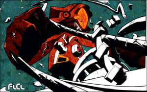 一個紅白機器人擊碎牆壁，碎片飛散。 — FLCL 壁紙