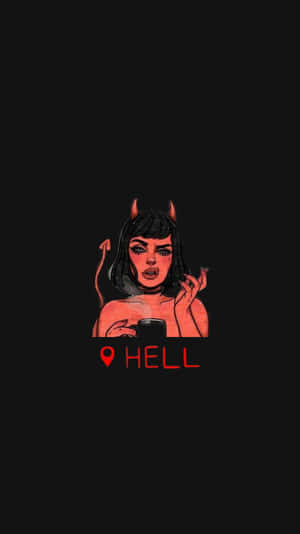 有角的紅色魔鬼女人拿著手機，下方有「HELL」文字。 — 酷炫惡魔 壁紙