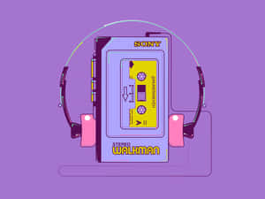 復古Sony Walkman，配有粉紅色耳機和黃色卡式錄音帶，背景為紫色。 — 復古90年代風格 壁紙
