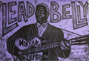 Lead Belly 手持吉他，帶有樂隊標誌，採用紫色麻膠版畫風格。 — BTS 紫色美學 壁紙