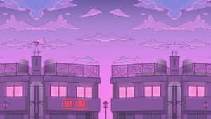 紫色調的城市屋頂，一隻鸛鳥在煙囪上，天空多雲。 — 霓虹粉紅美學 壁紙