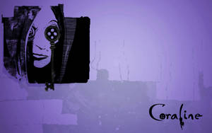 紫色垃圾風格插圖，一個鬼臉，眼睛是鑰匙，標題Coraline。 — 卡洛琳 壁紙