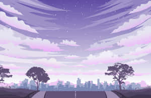紫色黃昏天空，有星星和雲朵，覆蓋城市天際線和兩旁樹木的道路。 — 日式 壁紙