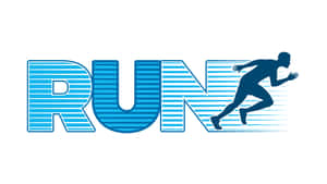 藍色跑步者剪影從單詞RUN中浮現，帶有運動線條。 — 運動 壁紙