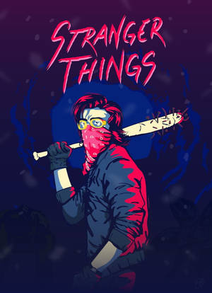 一個戴面具的角色在黑暗環境中拿著棒球棍，帶有Stranger Things文字。 — OnePlus Pad 壁紙