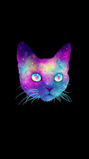 一個貓臉，帶有星系圖案和發光的眼睛，背景為黑色。 — 小貓 壁紙
