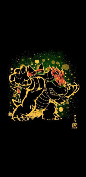 金色庫巴，帶有紅色尖刺和綠色閃光，在黑色背景上。 — 超級瑪利歐 壁紙