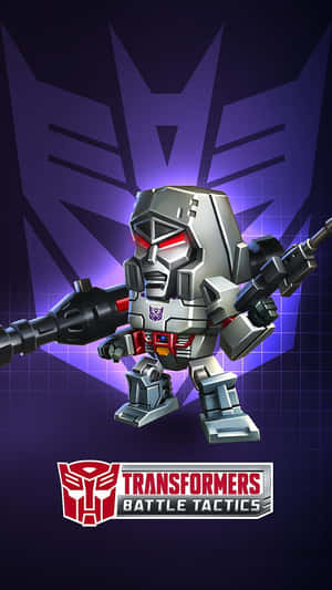 銀色機器人，紅色眼睛，在發光的紫色 Decepticon 標誌前手持武器。 — 機器人 壁紙