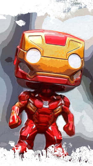 身穿紅色和金色盔甲的鋼鐵人Funko Pop人偶站在灰色背景前。 — 鋼鐵人標誌 壁紙