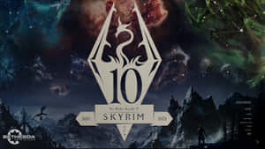 Skyrim的遊戲週年紀念標誌，在星空下有一條龍和山脈。 — 美學天空 壁紙