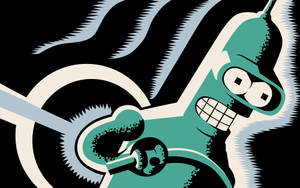 青綠色機器人咧嘴大笑，背景是鋸齒狀的黑白色。 — 飛出個未來 壁紙
