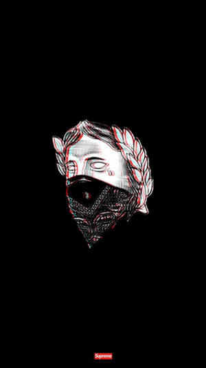 面具頭部帶有月桂花環和故障效果，背景為黑色。 — 黑白小丑 壁紙