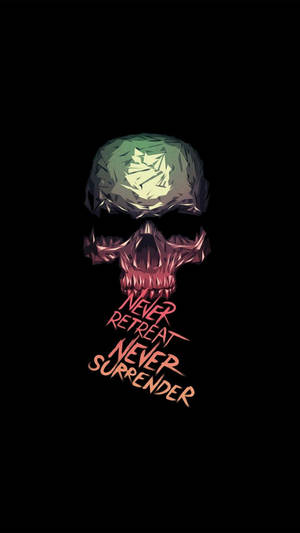 一個發光的頭骨，上面有紅色文字 never retreat never surrender。 — 慶祝 壁紙