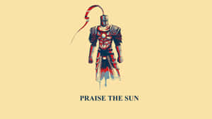 一個穿著紅色和銀色盔甲的騎士，上方有紅色絲帶，下方有文字 praise the sun。 — 戰士 壁紙