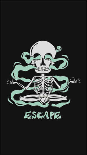 一個冥想姿勢的骷髏，伴隨著青綠色的煙霧，文字顯示為escape。 — 跳舞骷髏 壁紙