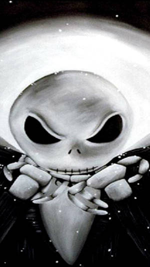 帶有縫合笑容和光環的骷髏動漫角色，在星空空間中 — 萬聖節 iPhone 壁紙