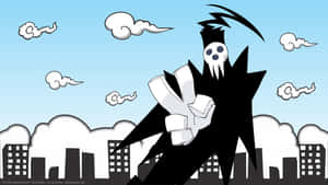 死神角色手持鐮刀，位於城市天際線上方，有雲朵 — 忍 壁紙