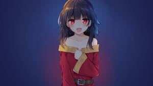 動漫女孩，擁有發光的紅眼睛和深色頭髮，穿著紅色露肩服裝。 — 惠惠 壁紙