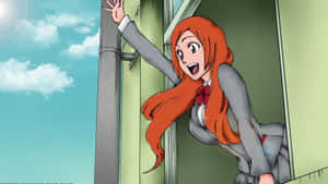 橙色頭髮的動漫女孩從窗戶望向晴朗的天空。 — 可愛動漫頭貼 GIF 壁紙
