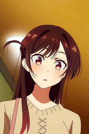 棕色頭髮和紅色眼睛的動漫女孩在溫暖的燈光下顯得很驚訝。 — 千鳥 壁紙