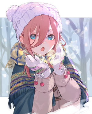 動漫女孩穿著冬季裝備在雪森林中吹出溫暖的氣息
