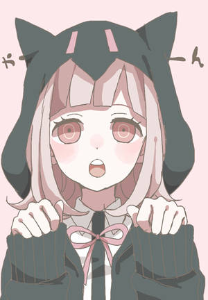 粉紅色頭髮和貓耳朵的動漫女孩看起來很驚訝，雙手合十。 — 可愛動漫女孩 壁紙