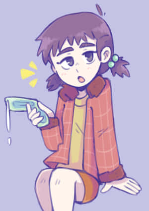 穿著格紋外套的動漫女孩看著綠色瓶子滴下液體，表情震驚。 — iPad 第10代 壁紙
