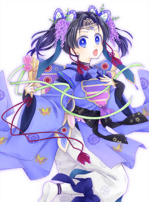 動漫女孩穿著藍色和服，帶有蝴蝶圖案和紫色頭髮飾品，手持扇子。 — 日本動漫 壁紙