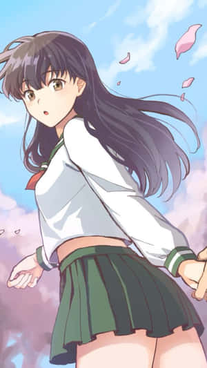 穿校服的動漫女孩被飄落的櫻花嚇了一跳。 — 日神神楽 壁紙