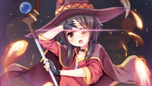 動漫女巫，眼睛發光，火焰魔法在她法杖周圍旋轉。 — 可愛動漫情侶 壁紙
