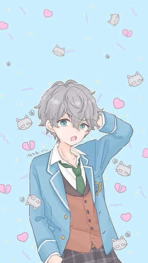穿著校服的動漫男孩，表情驚訝，被心形和貓臉包圍。 — 美學月亮 壁紙