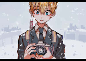 動漫男孩在雪城市中手持相機，身穿校服和幸運符。 — 煉獄杏壽郎 壁紙